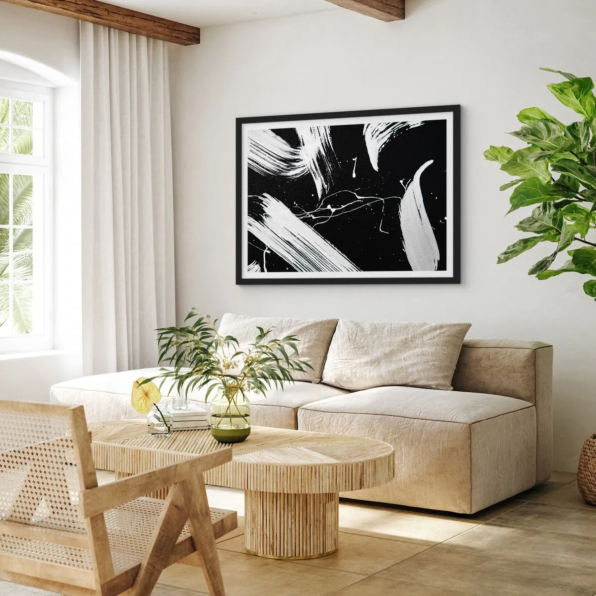 Póster en marco negro - Trazos blancos abstractos sobre un fondo negro - 100x70cm - Rompiendo la oscuridad - Decoración de pared moderna para salón y dormitorio ARTTOR