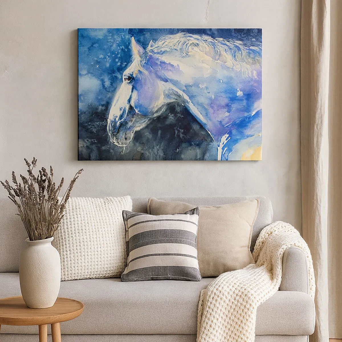 Cuadro sobre lienzo - Impresión de Imagen - Un retrato de un caballo en tonos azules con un efecto de acuarela pictórica. - 70x50cm - Retrato en un resplandor azul - Decoración de pared moderna para salón y dormitorio ARTTOR