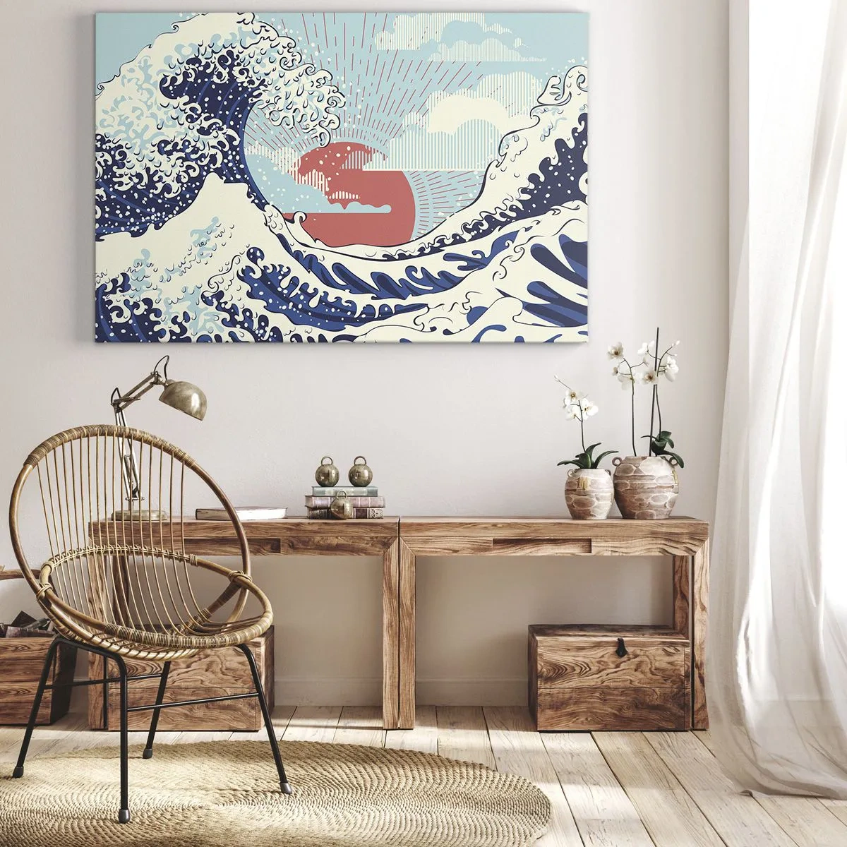 Cuadro sobre lienzo - Impresión de Imagen - Olas del océano y una puesta de sol al estilo japonés - 70x50cm - De inspiración japonesa - Decoración de pared moderna para salón y dormitorio ARTTOR