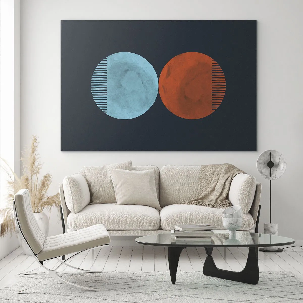 Cuadro sobre vidrio - Impresiones sobre Vidrio - Círculos abstractos en azul y naranja - 120x80cm - ¿Solo geometría? - Decoración de pared moderna para salón y dormitorio ARTTOR