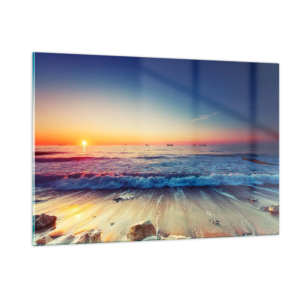 Cuadro sobre vidrio - Impresiones sobre Vidrio - Puesta de sol sobre la playa con suaves olas y un mar en calma. - 120x80cm - ¿Y qué hay tras el horizonte? - Decoración de pared moderna para salón y dormitorio ARTTOR