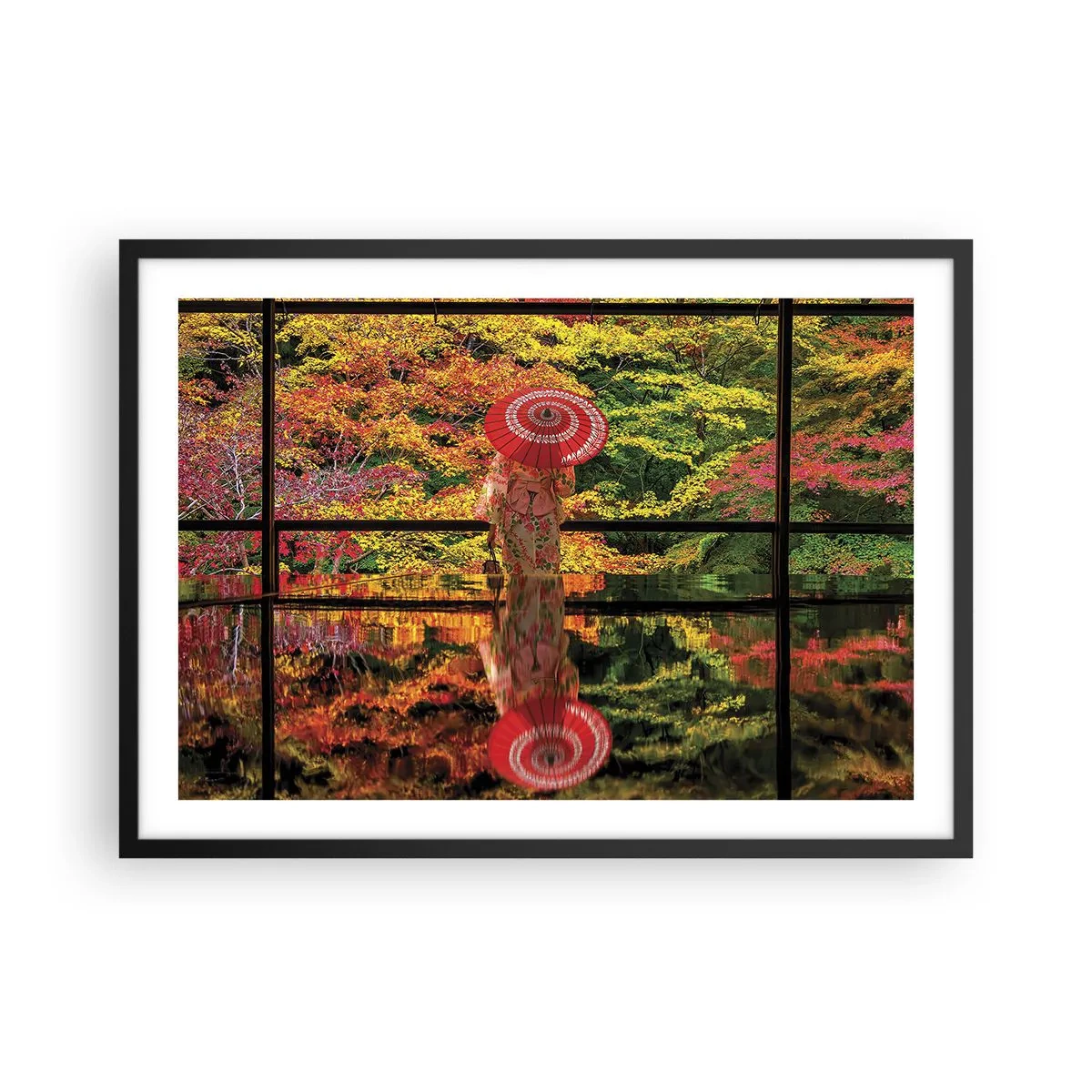 Póster en marco negro - Una mujer con un kimono y un paraguas con el telón de fondo de un paisaje otoñal. - 70x50cm - En un templo de la naturaleza - Decoración de pared moderna para salón y dormitorio ARTTOR