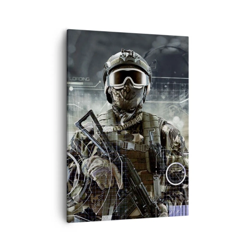Cuadro sobre lienzo - Impresión de Imagen - Un soldado con un casco futurista y una pistola en un fondo de tecnología. - 50x70cm - De poder a poder - Decoración de pared moderna para salón y dormitorio ARTTOR