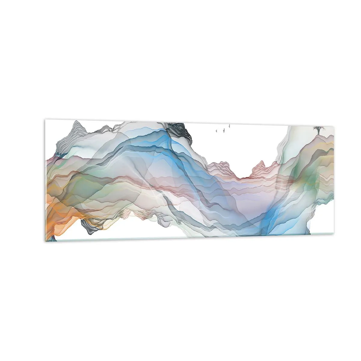 Cuadro sobre vidrio - Impresiones sobre Vidrio - Un paisaje sutil con montañas, agua y un barco. - 140x50cm - Hacia las montañas de cristal - Decoración de pared moderna para salón y dormitorio ARTTOR