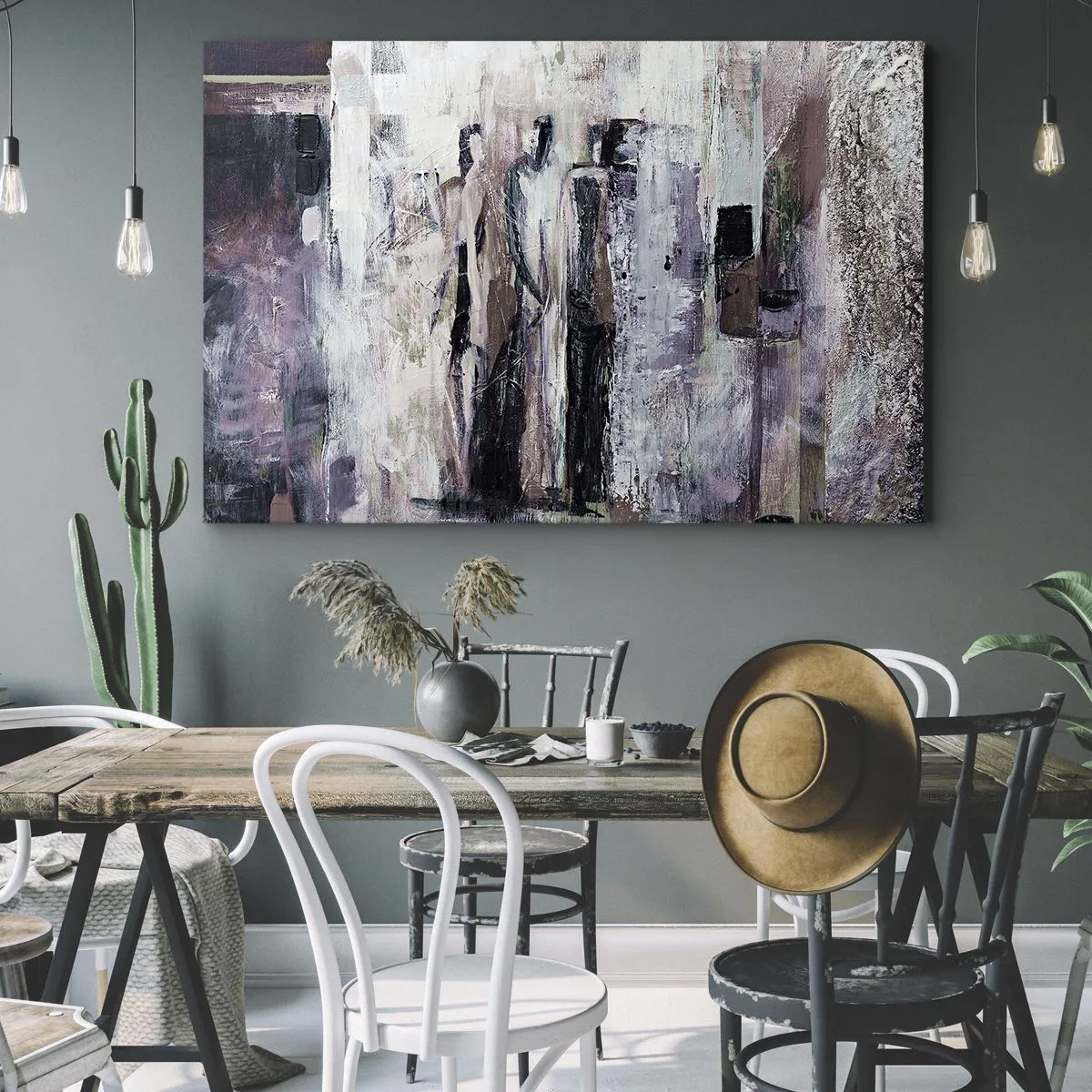 Cuadro sobre lienzo - Impresión de Imagen - Una composición abstracta con tres figuras en colores pastel. - 120x80cm - El trío misterioso - Decoración de pared moderna para salón y dormitorio ARTTOR