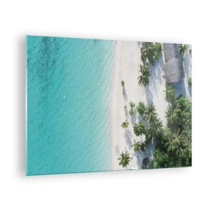 Cuadro sobre vidrio - Impresiones sobre Vidrio - Una vista de pájaro de una playa tropical con palmeras y un mar turquesa. - 70x50cm - Vacaciones en el paraíso - Decoración de pared moderna para salón y dormitorio ARTTOR