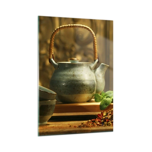 Cuadro sobre vidrio - Impresiones sobre Vidrio - Juego de té de cerámica con hierbas en una decoración clásica. - 50x70cm - Tratado sobre el consumo de té - Decoración de pared moderna para salón y dormitorio ARTTOR