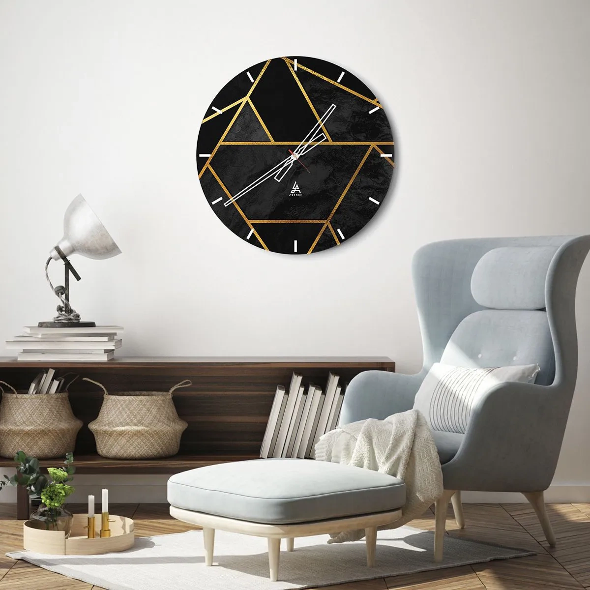 Reloj de pared - Reloj de vidrio - Fondo negro con patrones geométricos dorados en un estilo elegante. - 30x30cm - Oscuridad y brillo - Decoración de pared moderna para salón, cocina y dormitorio ARTTOR