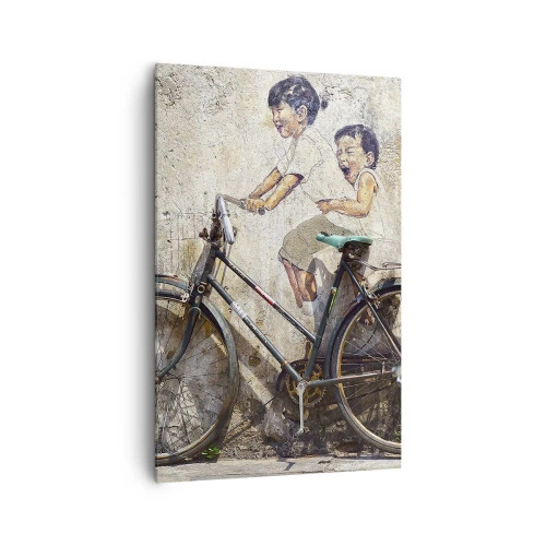 Cuadro sobre lienzo - Impresión de Imagen - Arte callejero con una bicicleta y dibujos infantiles en la pared. - 80x120cm - ¿Verdadero o falso? - Decoración de pared moderna para salón y dormitorio ARTTOR