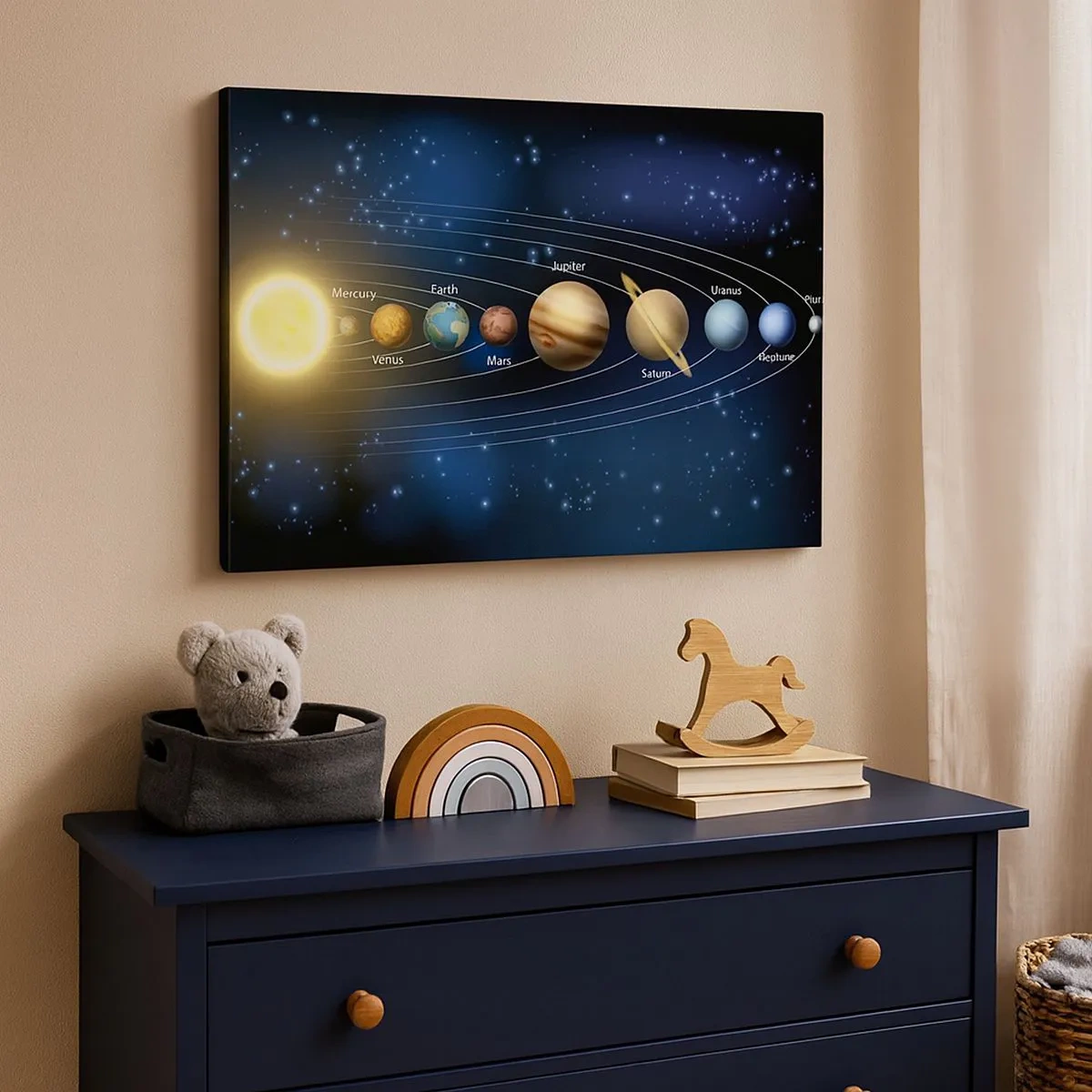 Cuadro sobre lienzo - Impresión de Imagen - Diagrama del sistema solar con planetas y el sol. - 70x50cm - Uno de diez - Decoración de pared moderna para salón y dormitorio ARTTOR