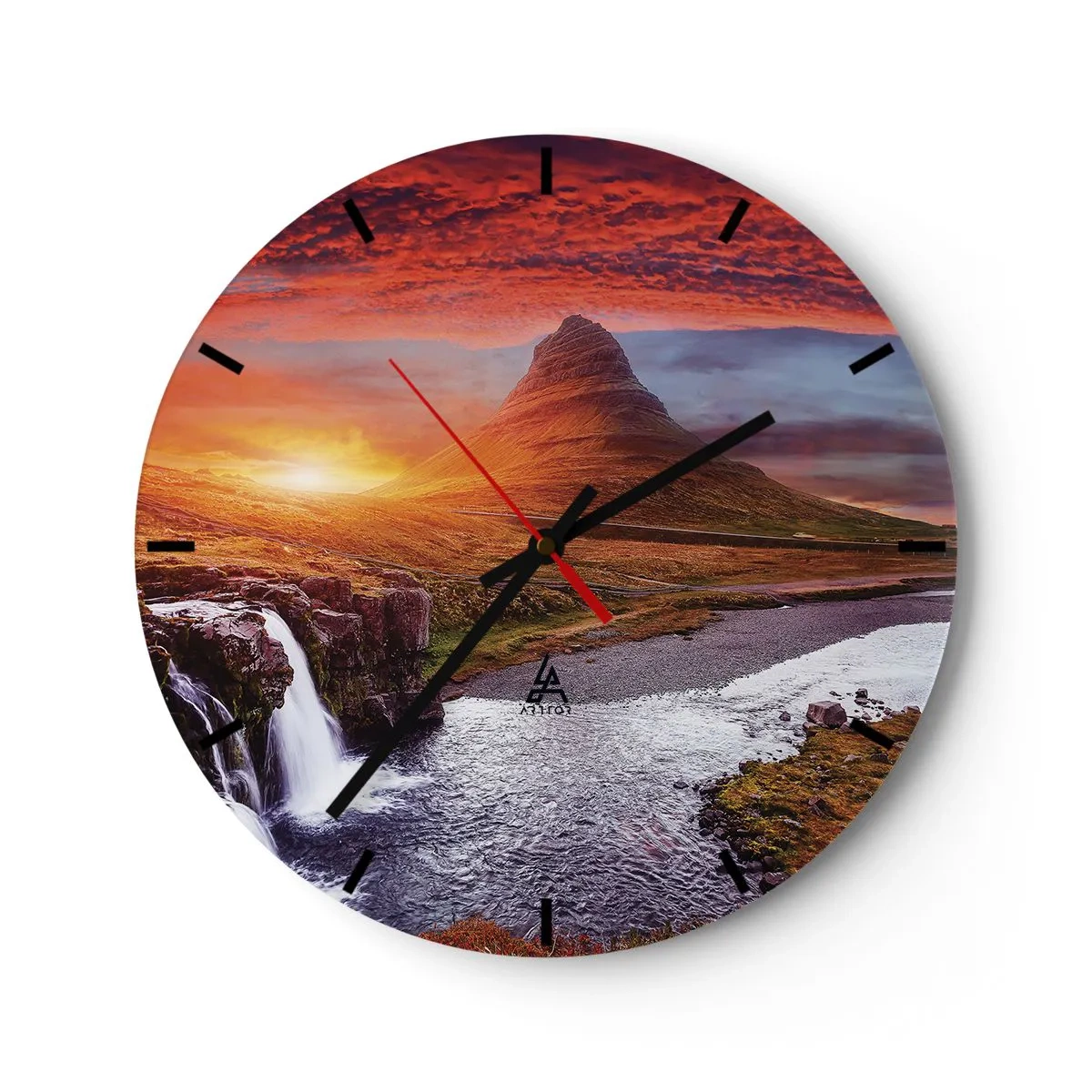 Reloj de pared - Reloj de vidrio - Un paisaje pintoresco con una montaña, una cascada y una puesta de sol. - 30x30cm - Una vista de la Tierra Media - Decoración de pared moderna para salón, cocina y dormitorio ARTTOR