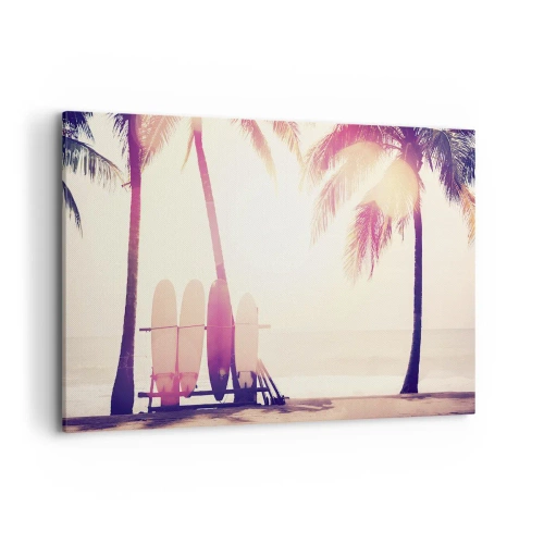 Cuadro sobre lienzo - Impresión de Imagen - Palmeras y tablas de surf en la playa bajo el sol. - 120x80cm - Va a ser un gran día - Decoración de pared moderna para salón y dormitorio ARTTOR
