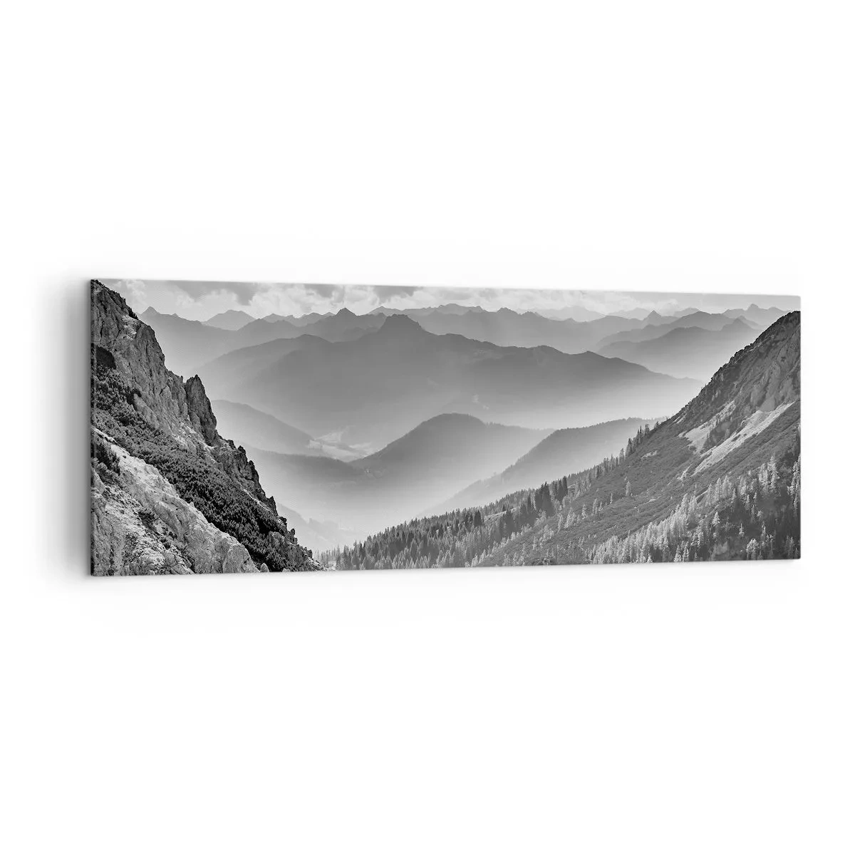 Cuadro sobre lienzo - Impresión de Imagen - Paisaje de montaña en blanco y negro con nubes sobre los picos. - 140x50cm - Hasta el horizonte - Decoración de pared moderna para salón y dormitorio ARTTOR