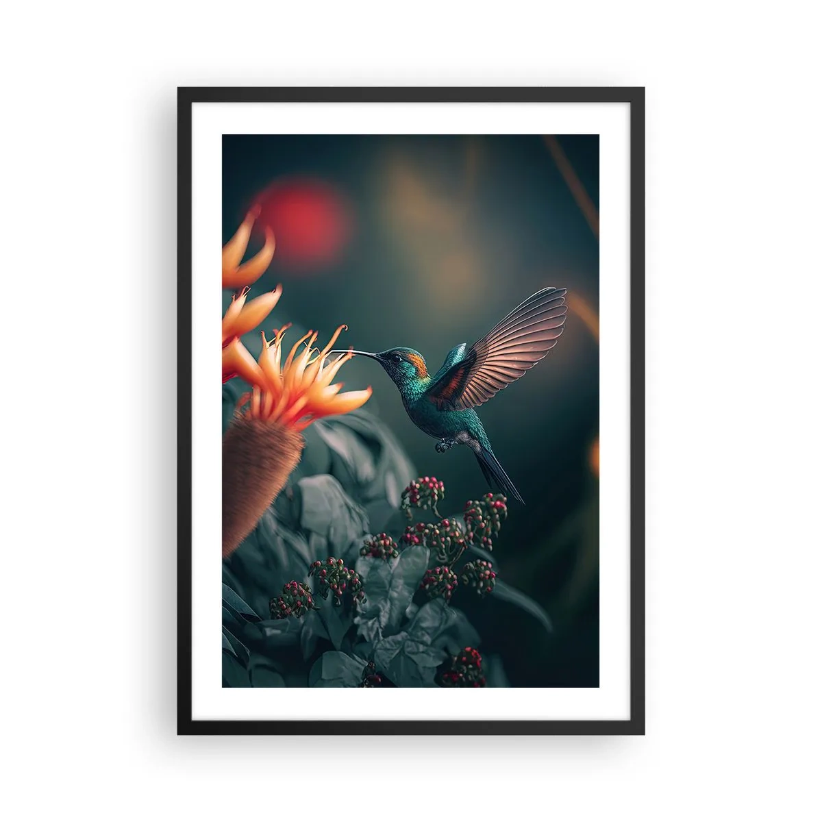 Póster en marco negro - Un colibrí colorido cerca de flores entre la vegetación. - 50x70cm - Una vida verdaderamente colorida - Decoración de pared moderna para salón y dormitorio ARTTOR