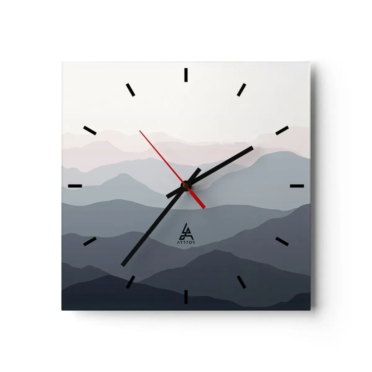 Reloj de pared - Reloj de vidrio - Capas sutiles de montaña en tonos grises y azules. - 30x30cm - Cordilleras a la vista - Decoración de pared moderna para salón y dormitorio ARTTOR