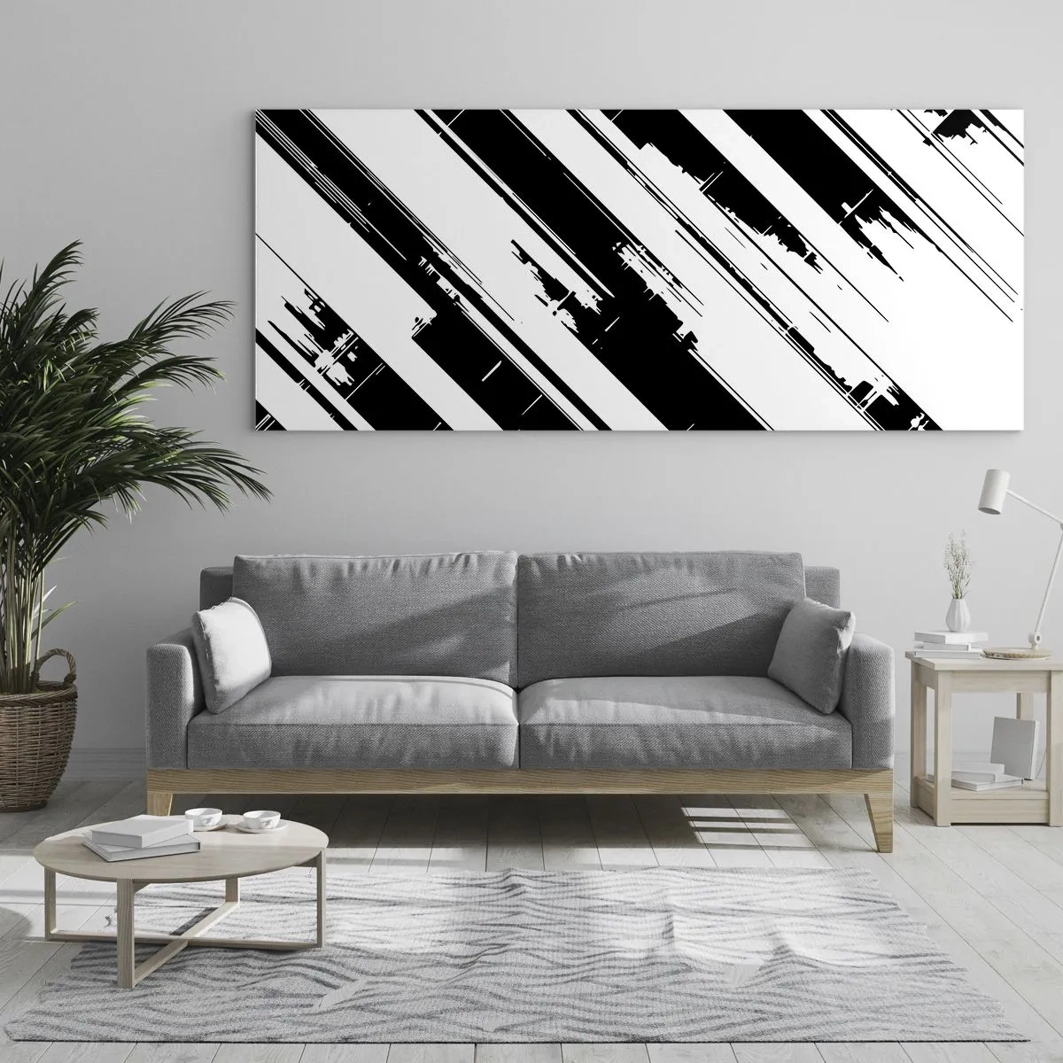 Cuadro sobre vidrio - Impresiones sobre Vidrio - Líneas blancas y negras y patrones geométricos en un estilo moderno. - 160x50cm - Composición intensa y dinámica - Decoración de pared moderna para salón y dormitorio ARTTOR