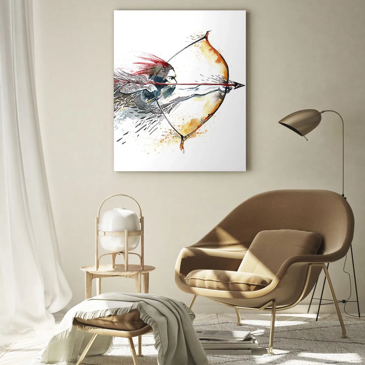 Cuadro sobre vidrio - Impresiones sobre Vidrio - Arquero en un entorno dinámico de acuarela - 50x70cm - Guerrero mítico con arco de fuego - Decoración de pared moderna para salón y dormitorio ARTTOR