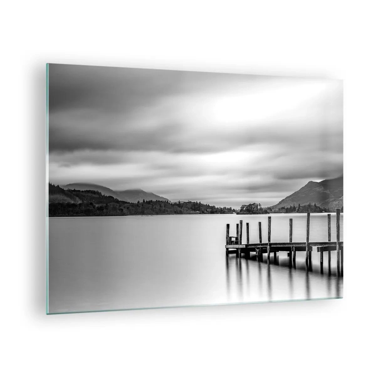 Cuadro sobre vidrio - Impresiones sobre Vidrio - Paisaje en blanco y negro con un lago y un muelle de madera. - 70x50cm - Dulzura y la fuerza - Decoración de pared moderna para salón y dormitorio ARTTOR