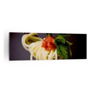 Cuadro sobre lienzo - Impresión de Imagen - Pasta espaguetis al tenedor con salsa de tomate y perejil - 160x50cm - Un sabroso bocado - Decoración de pared moderna para salón y dormitorio ARTTOR