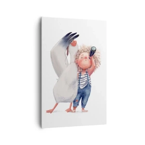 Cuadro sobre lienzo - Impresión de Imagen - Ilustración de un niño con un pelícano y un telescopio en la mano. - 80x120cm - Un plan para un gran viaje - Decoración de pared moderna para salón y dormitorio ARTTOR