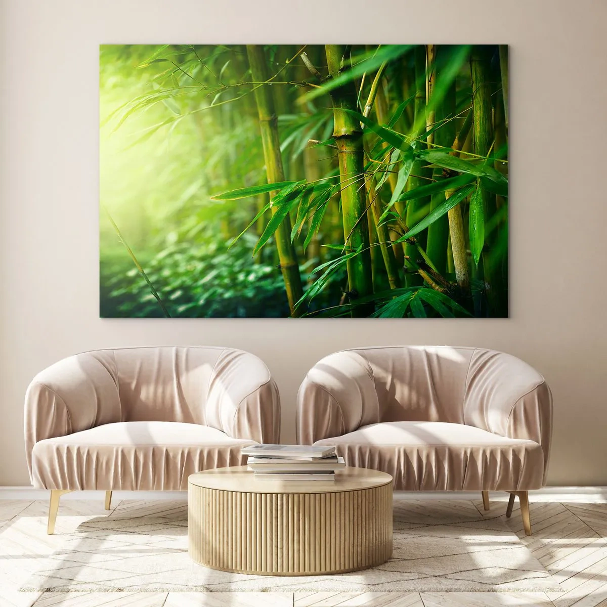 Cuadro sobre vidrio - Impresiones sobre Vidrio - Bosque de bambú verde bajo el sol - 70x50cm - Conocer el propio verdor - Decoración de pared moderna para salón y dormitorio ARTTOR