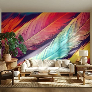 Fotomural Premium Sand - Plumas de colores dispuestas en un patrón similar al del arcoíris. - 100x70cm - Arco iris plumoso - Decoración de pared moderna para salón y dormitorio ARTTOR