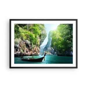 Póster en marco negro - Un barco tradicional con un telón de fondo de acantilados tropicales y aguas turquesas. - 70x50cm - Una invitación a un viaje exótico - Decoración de pared moderna para salón y dormitorio ARTTOR