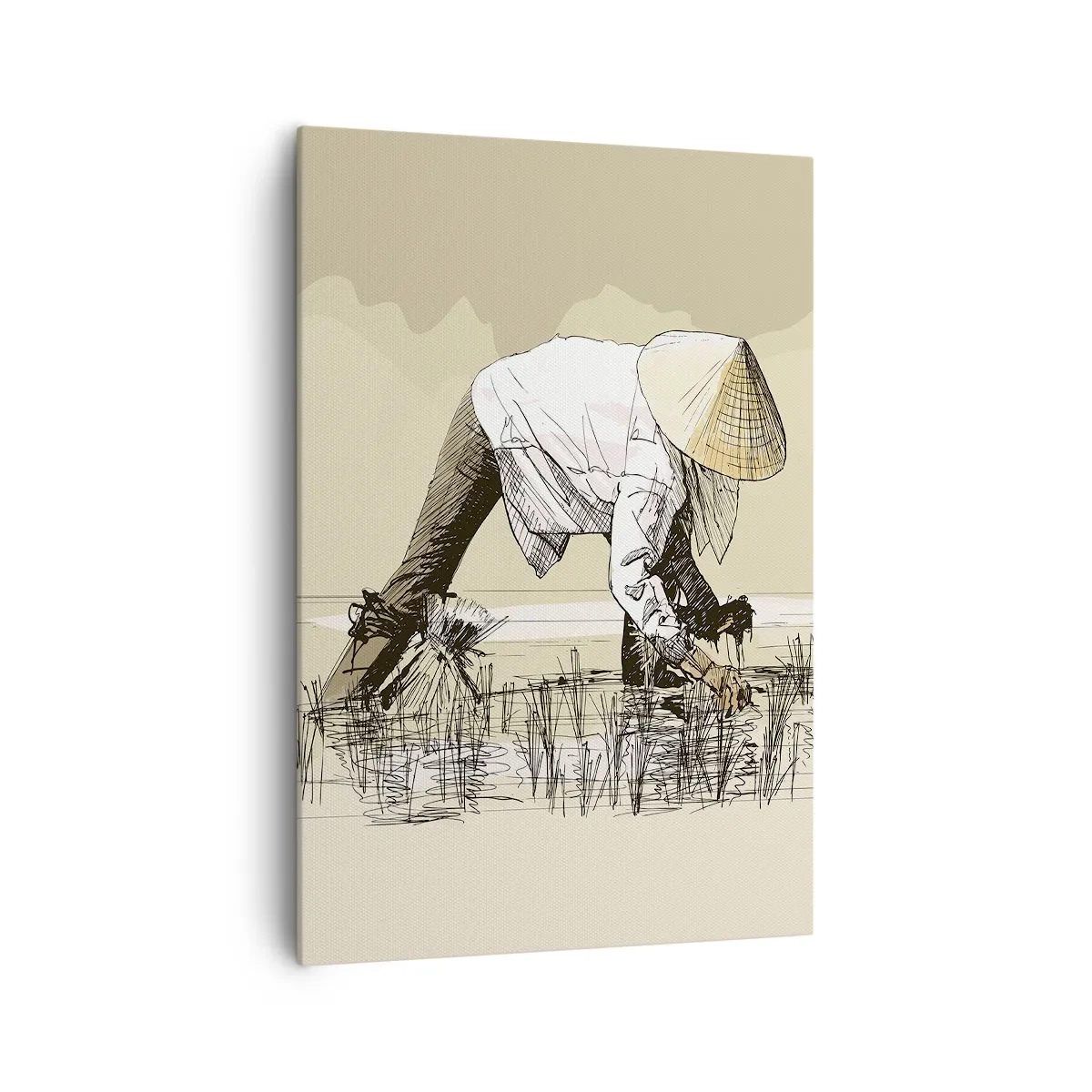 Cuadro sobre lienzo - Impresión de Imagen - Agricultores trabajando en un campo de arroz con sombreros tradicionales - 70x100cm - De una cosecha exitosa - Decoración de pared moderna para salón y dormitorio ARTTOR