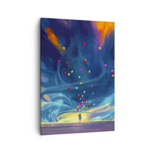 Cuadro sobre lienzo - Impresión de Imagen - Una figura con globos contra un fondo de nubes coloridas y arremolinadas. - 50x70cm - En un viento azul - Decoración de pared moderna para salón y dormitorio ARTTOR