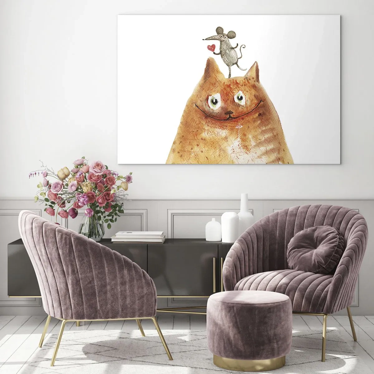 Cuadro sobre vidrio - Impresiones sobre Vidrio - Un gato con un ratón en la cabeza en estilo humorístico. - 120x80cm - Paradojas del amor - Decoración de pared moderna para salón y dormitorio ARTTOR