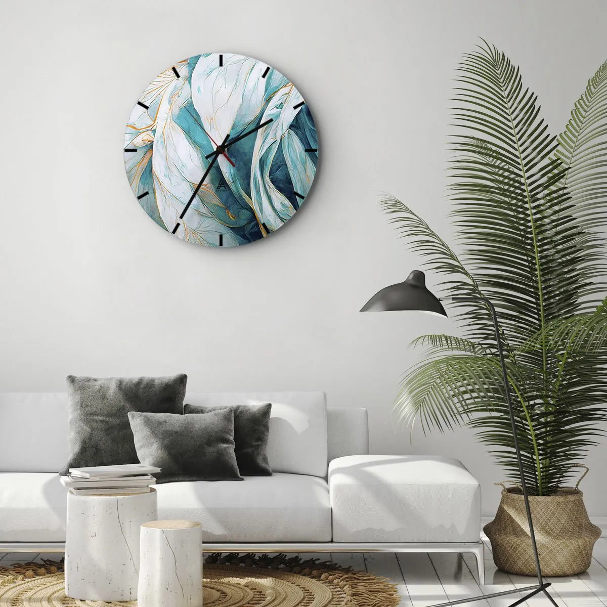 Reloj de pared - Reloj de vidrio - Abstracción azul con motivos dorados - 30x30 cm