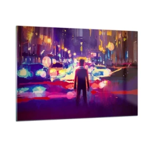 Cuadro sobre vidrio - Impresiones sobre Vidrio - Una figura en una luz nocturna urbana colorida y de estilo futurista. - 120x80cm - Inmerso en la luz - Decoración de pared moderna para salón y dormitorio ARTTOR