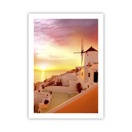 Póster - Una pintoresca puesta de sol en un pueblo griego - 50x70cm - Blanco y dorado - Decoración de pared moderna para salón y dormitorio ARTTOR