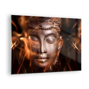 Cuadro sobre vidrio - Impresiones sobre Vidrio - El rostro brumoso de Buda en tonos cálidos de oro y marrón. - 70x50cm - Solo existe el aquí y el ahora - Decoración de pared moderna para salón y dormitorio ARTTOR