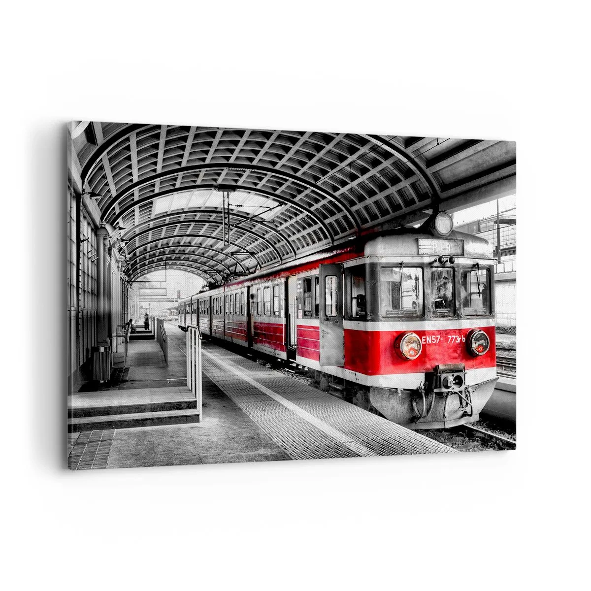 Cuadro sobre lienzo - Impresión de Imagen - Tren rojo en la estación bajo techo. - 120x80cm - ¿El viaje de su vida? - Decoración de pared moderna para salón y dormitorio ARTTOR