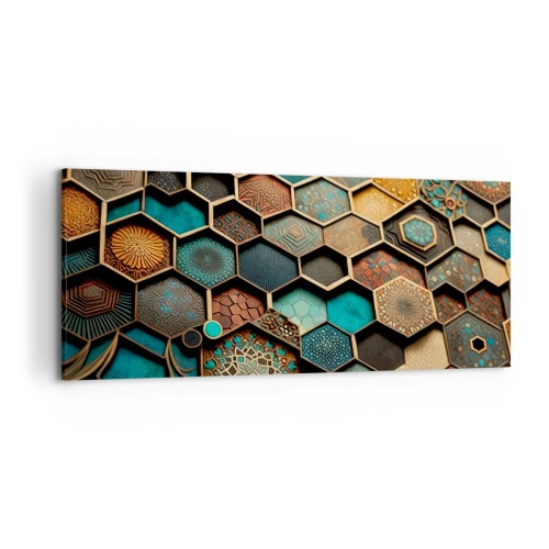 Cuadro sobre lienzo - Impresión de Imagen - Adornos coloridos en patrones hexagonales. - 120x50cm - Ornamentos árabes - Decoración de pared moderna para salón y dormitorio ARTTOR
