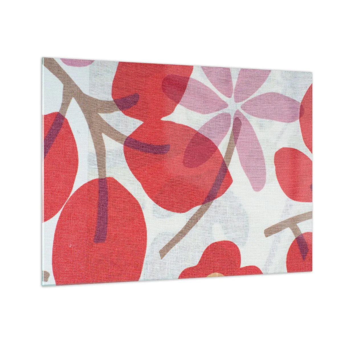 Cuadro sobre vidrio - Impresiones sobre Vidrio - Hojas y flores rosas y rojas sobre un fondo claro. - 70x50cm - Composición floral en rosa - Decoración de pared moderna para salón y dormitorio ARTTOR