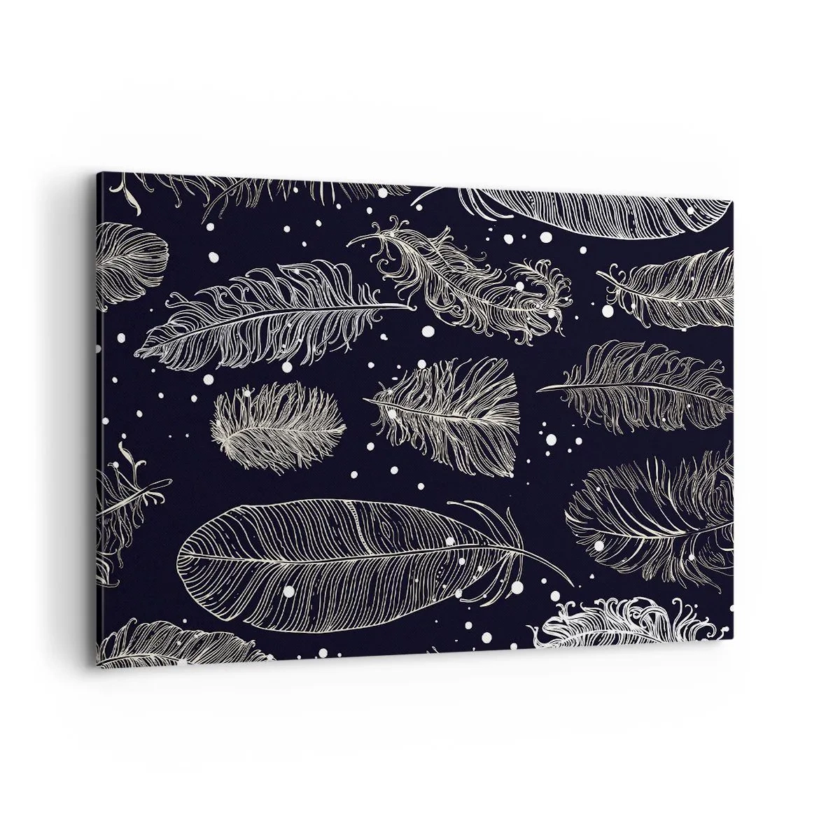 Cuadro sobre lienzo - Impresión de Imagen - Delicadas plumas blancas sobre un fondo azul marino. - 120x80cm - Encaje de plumas - Decoración de pared moderna para salón y dormitorio ARTTOR