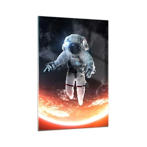 Cuadro sobre vidrio - Impresiones sobre Vidrio - Un astronauta flotando sobre una Tierra iluminada por el sol. - 70x100cm - ¿Puedo quedarme un rato más? - Decoración de pared moderna para salón y dormitorio ARTTOR