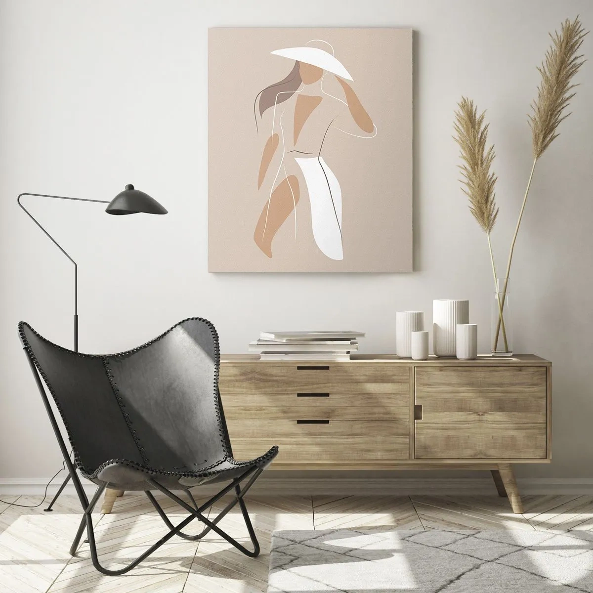Cuadro sobre vidrio - Impresiones sobre Vidrio - Un dibujo minimalista de una mujer con sombrero sobre un fondo beige. - 80x120cm - La moda es alegría - Decoración de pared moderna para salón y dormitorio ARTTOR
