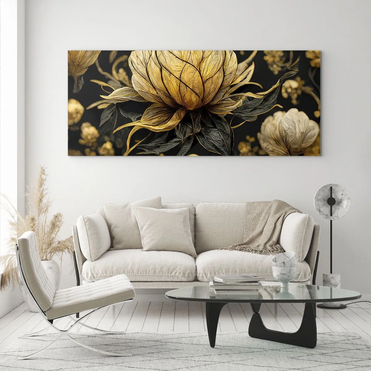 Cuadro sobre vidrio - Impresiones sobre Vidrio - Flor dorada sobre fondo oscuro - 140x50cm - Sutil fragilidad - Decoración de pared moderna para salón y dormitorio ARTTOR