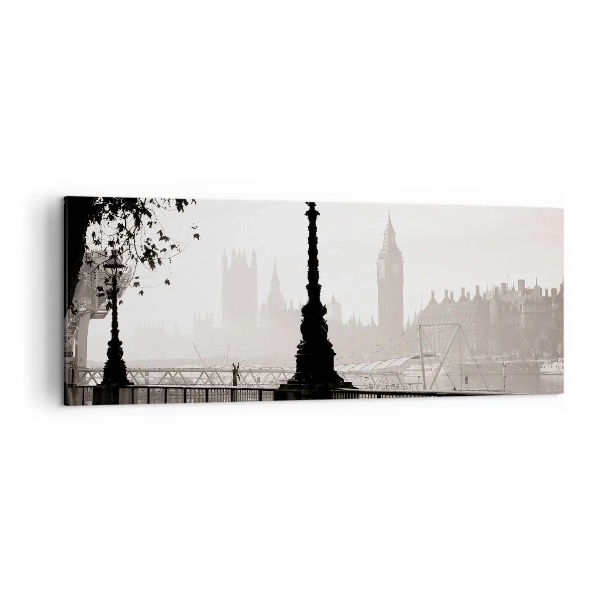 Cuadro sobre lienzo - Impresión de Imagen - Una vista monocromática del Big Ben y el Támesis. - 140x50cm - La mañana de Londres - Decoración de pared moderna para salón y dormitorio ARTTOR