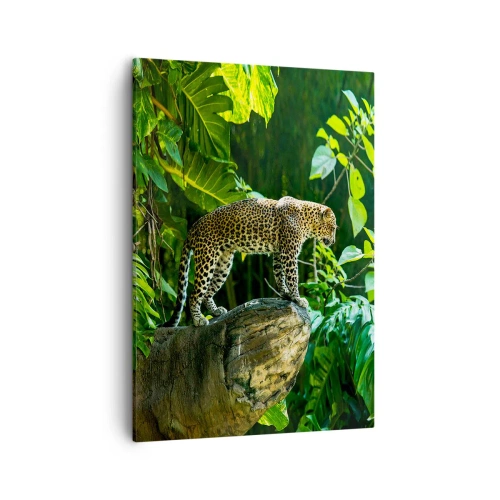 Cuadro sobre lienzo - Impresión de Imagen - Un leopardo de pie sobre una roca rodeado de vegetación tropical. - 50x70cm - ¿A la caza? - Decoración de pared moderna para salón y dormitorio ARTTOR
