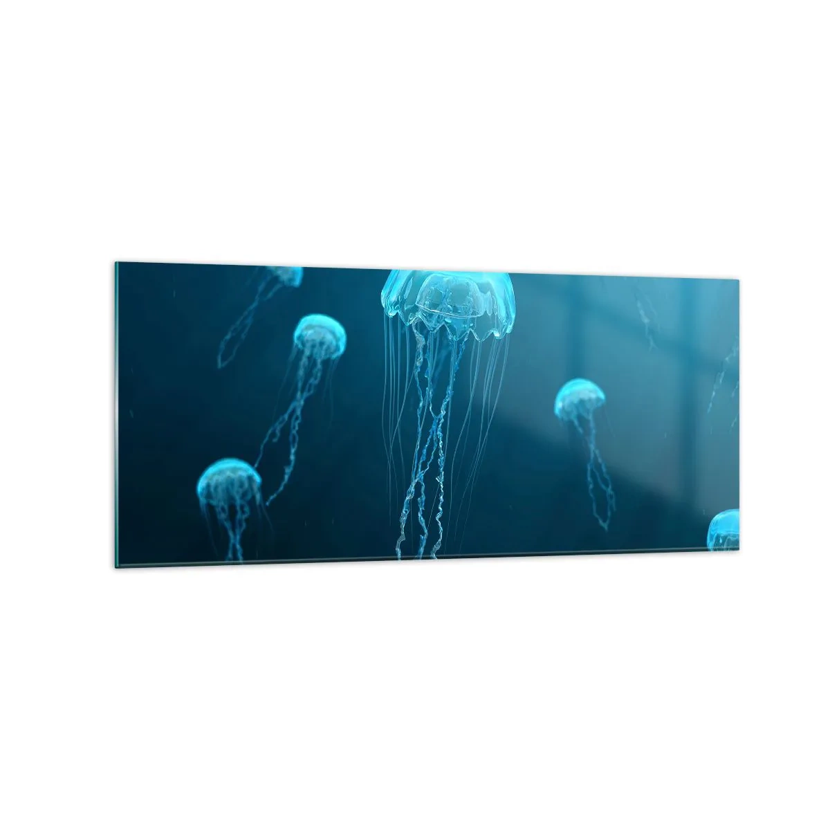 Cuadro sobre vidrio - Impresiones sobre Vidrio - Medusas flotando en las profundidades del océano en tonos azules. - 120x50cm - Danza oceánica - Decoración de pared moderna para salón y dormitorio ARTTOR