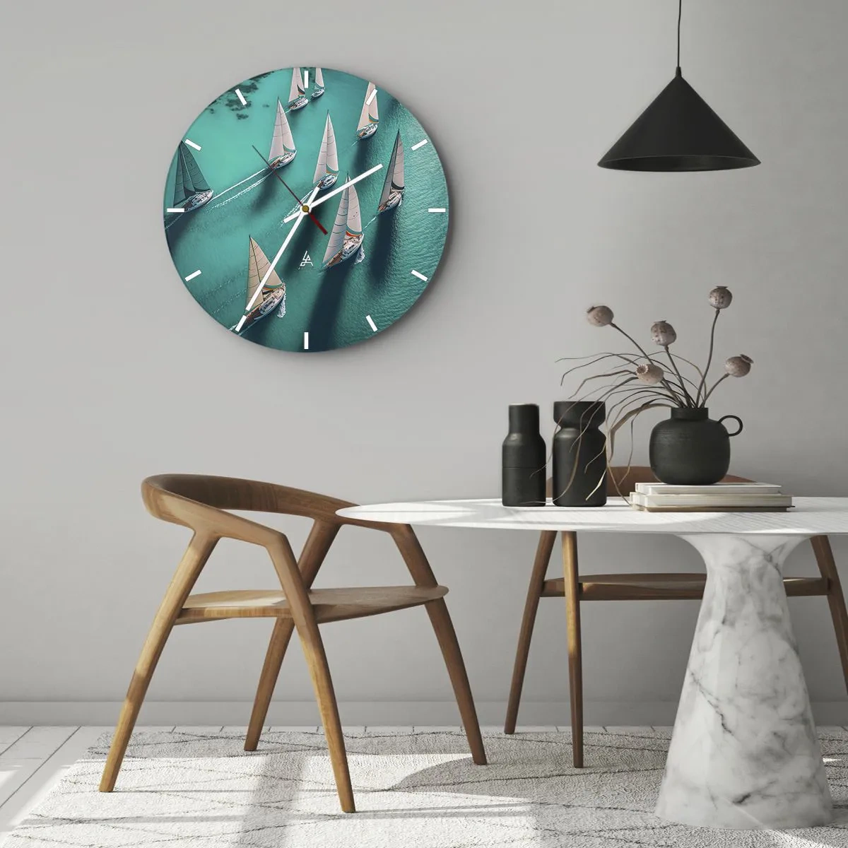 Reloj de pared - Reloj de vidrio - Yates de vela en aguas turquesas en disposición dinámica - 30x30cm - En competición con el viento - Decoración de pared moderna para salón, cocina y dormitorio ARTTOR