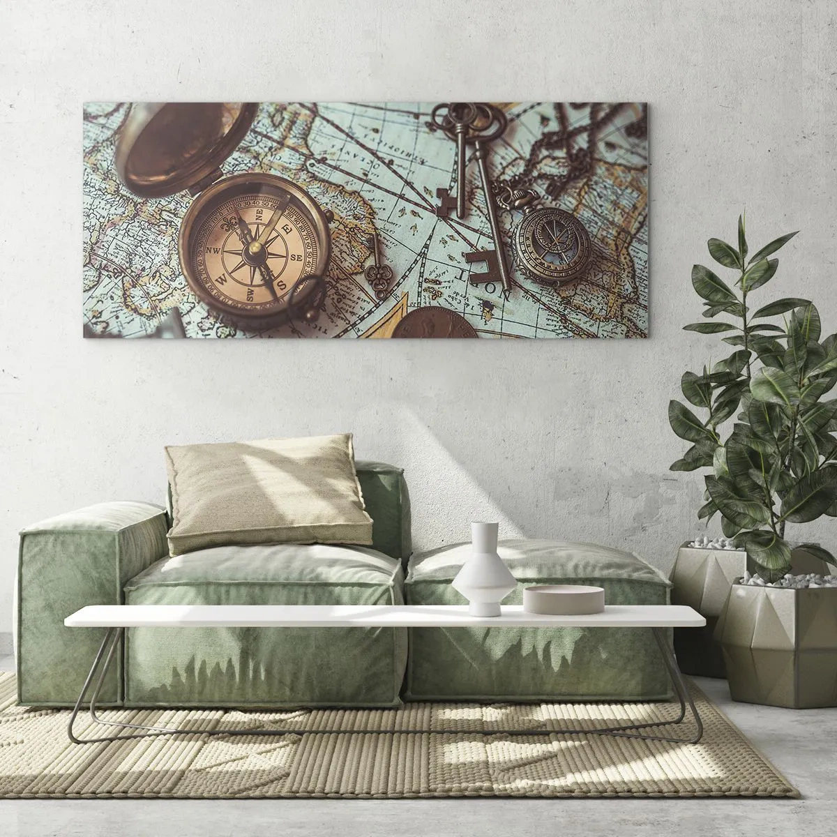 Cuadro sobre vidrio - Impresiones sobre Vidrio - Composición con brújula, llaves y un mapa antiguo en estilo retro - 120x50cm - Para el aventurero - Decoración de pared moderna para salón y dormitorio ARTTOR