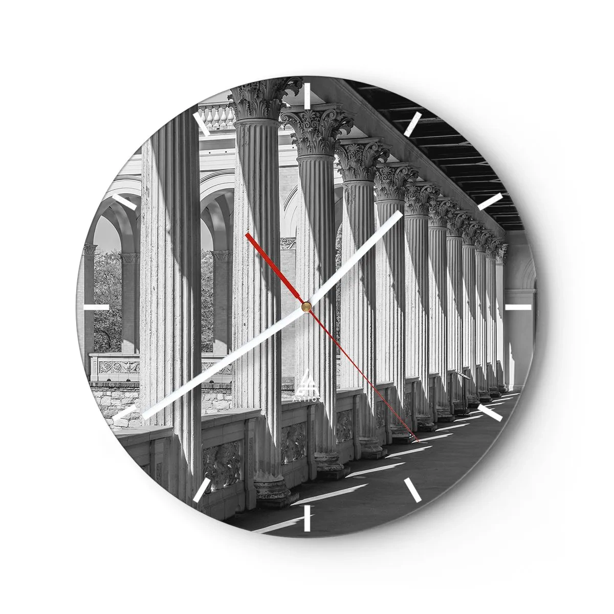 Reloj de pared - Reloj de vidrio - Una arcada clásica con columnas en perspectiva en blanco y negro. - 30x30cm - Galería soleada - Decoración de pared moderna para salón, cocina y dormitorio ARTTOR