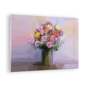 Cuadro sobre vidrio - Impresiones sobre Vidrio - Un ramo de rosas en un jarrón de cristal sobre un fondo pastel. - 70x50cm - Belleza inmortalizada - Decoración de pared moderna para salón y dormitorio ARTTOR