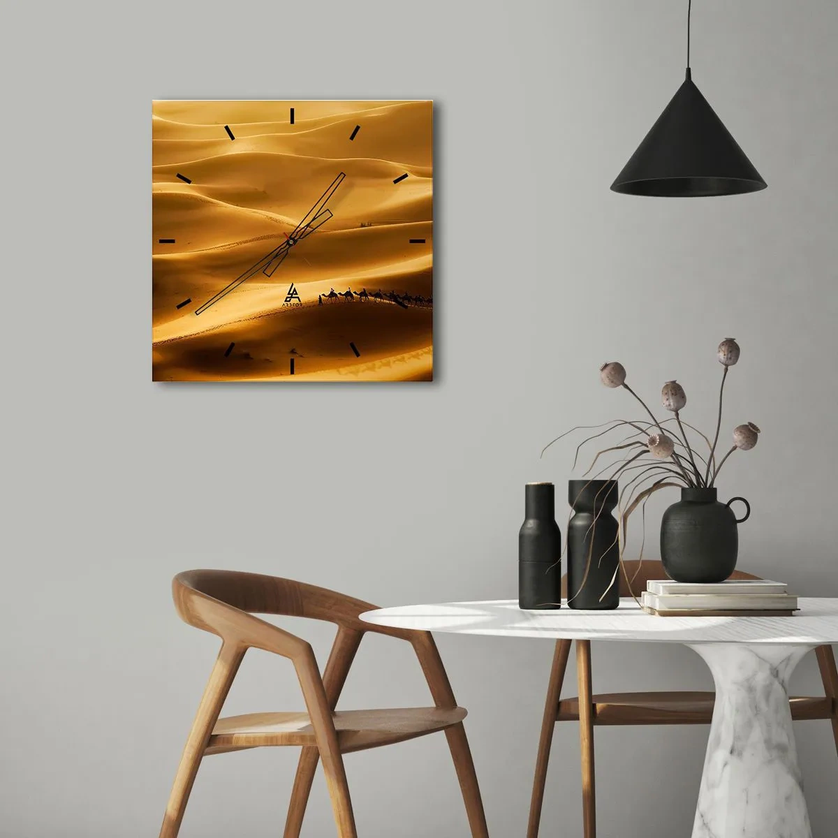 Reloj de pared - Reloj de vidrio - Caravana sobre las olas del desierto - 30x30 cm