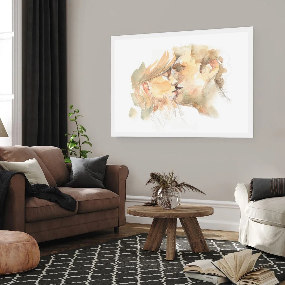 Póster - Retrato romántico en acuarela de una pareja besándose. - 100x70cm - ¿La media naranja encontrada? - Decoración de pared moderna para salón y dormitorio ARTTOR